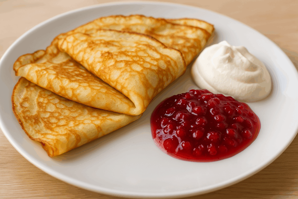 スウェーデン式パンケーキ(Svenska pannkakor)3枚を四つ折りにして盛り付けた朝食プレート。甘酸っぱいリンゴンベリージャムとホイップクリームが添えられている。
