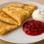 スウェーデン式パンケーキ（Svenska pannkakor）3枚を四つ折りにして盛り付けた朝食プレート。甘酸っぱいリンゴンベリージャムとホイップクリームが添えられている。