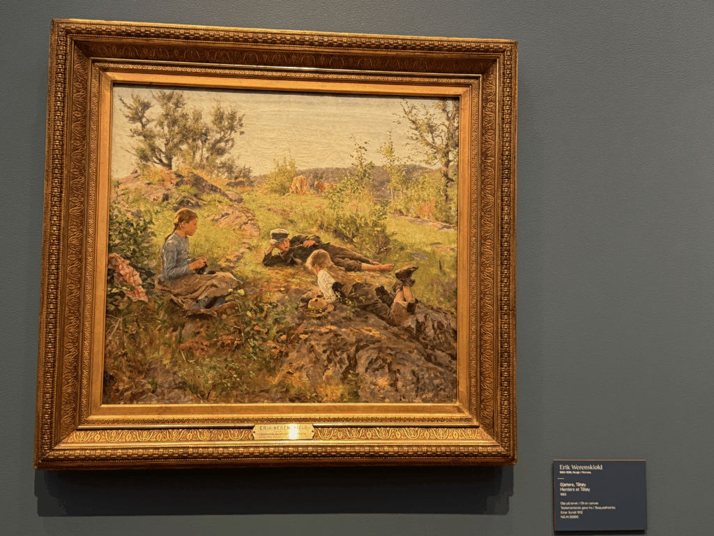 ノルウェー国立美術館に展示されているエリック・ヴェーレンショル作《自然の中の子供たち》。野原で寝転んだり糸を紡いだりする子供たちを描いた自然主義的作品。