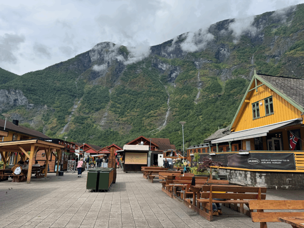 ノルウェーのフロム村中心部。土産物店やレストランが並び、背後に山がそびえる景観