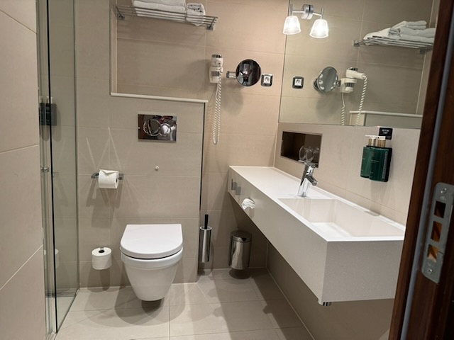 Clarion Hotel Arlanda Airport Terminalのトイレ、洗面台、シャワーブースを備えたバスルーム